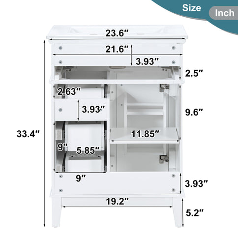 Modern Bathroom Vanity With Sink, Flip Drawer & 3 Drawers, Soft Close Hinges, Adjustable Shelf