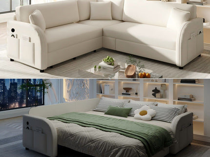 L-Shaped Couch With Pull-Out Bed, Oversize Convertible Sleeper Sofa With Side Pocket & USB Port