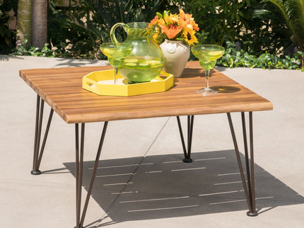 Outdoor Coffee Table With Slat Top And Metal Legs - Teak