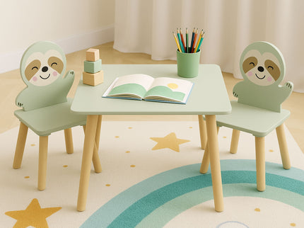 Sloth Themed Table And Chair Set With 2 Cute Animal Chairs - Natural Wood / Sage Green