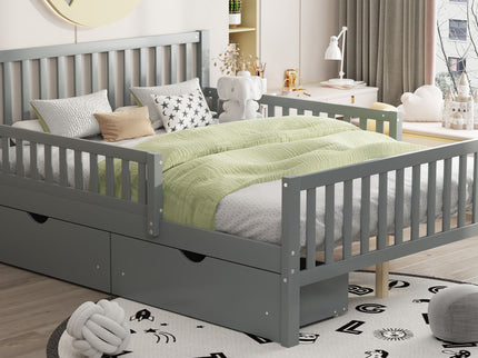 Platform Bed With Guardrails On Both Sides And 2 Storage Drawers