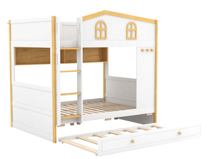 Full Over Full Bunk Bed With Storage Shelves And Trundle - White / Natural