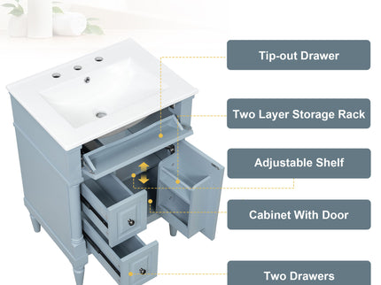Freestanding Bathroom Vanity With Sink, Adjustable Shelf & Flip Drawer
