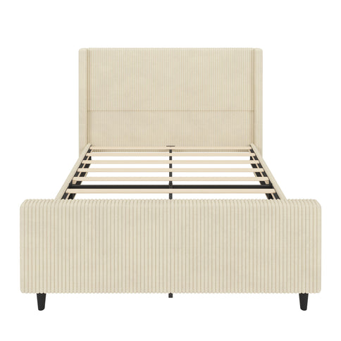 Upholstered Bed Frame With Vertical Stripe Wingback And High Footboard