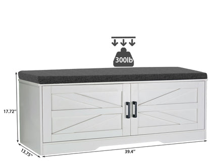 2 Tier Shoe Bench With Padded Seat, 2 Barn Doors And Adjustable Shelves, For Entryway And Living Room - White