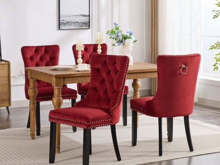 Classic Velvet Dining Chairs, High-End Tufted Solid Wood Contemporary Velvet Upholstered Dining Chair With Wood Legs Nailhead (Set of 2) - Burgundy