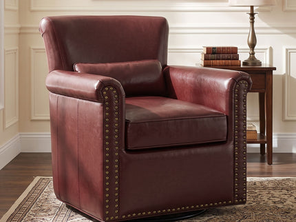 Swivel Accent Chair With Rolled Arm, Sewn Pillow Back, Nailhead Trim For Living Room