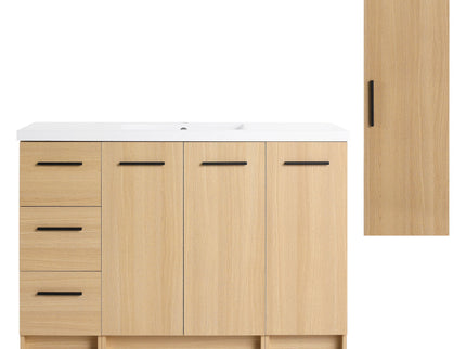 Freestanding Bathroom Vanity Set With Tall Side Cabinet, 3 Drawers And 3 Door Cabinet, Integrated Sink, Large Storage - Glossy White / Light Oak