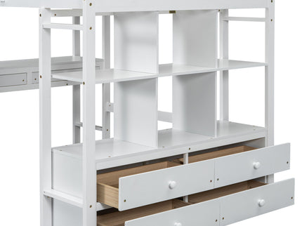 Full Size Loft Bed With Built In Desk, 2 Drawers, Storage Shelves - White