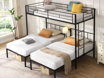 Twin Over Twin Over Twin Triple Bunk Bed With Safety Rails And Storage Shelf - Black