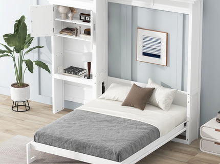 Queen Size Murphy Bed With Louvered Design And Multiple Storage Shelves - White