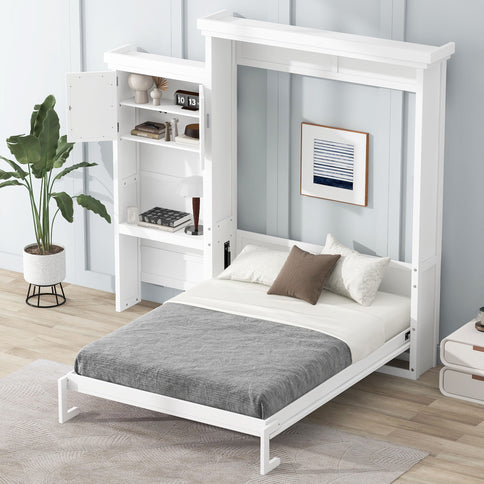 Queen Size Murphy Bed With Louvered Design And Multiple Storage Shelves - White