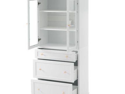 Freestanding Tall Bathroom Cabinet With Adjustable Shelves, Drawers, Soft Close Glass Doors