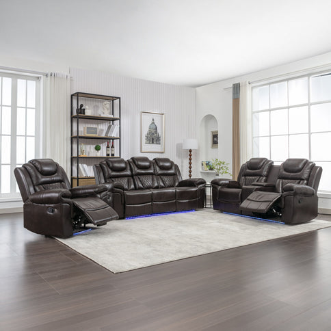 3 Pieces Recliner Sofa Sets Home Theater Seating Manual Recliner Chair With Center Console And LED Light Strip For Living Room
