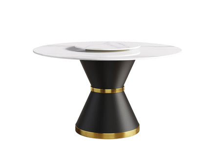 53" Modern Artificial Stone Round Carbon Steel Base Dining Table, Can Accommodate 6 People, Artificial Stone Turntable - White / Black