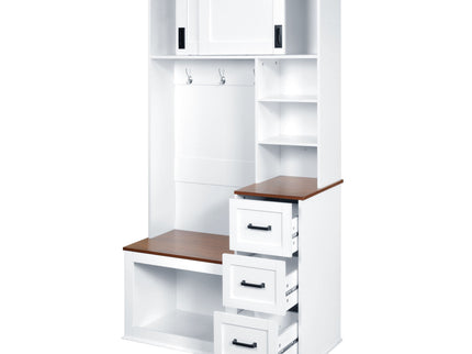 Modern Wide Hall Tree With Coat Rack, 3 Shelves And Drawers, 3 Sturdy Hooks