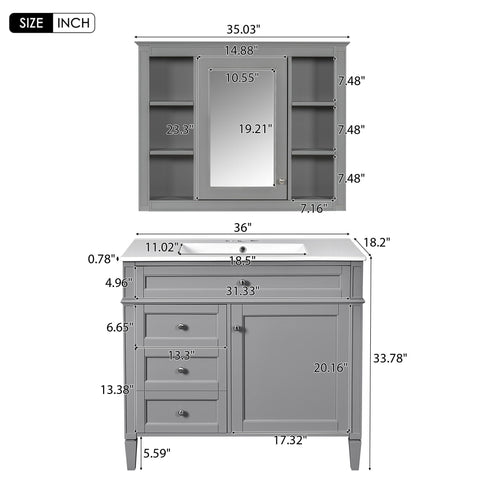 Bathroom Vanity With Mirror Cabinet, Single Sink With 2 Soft Closing Doors And 4 Drawers