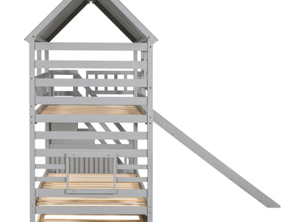 House Bunk Bed With Trundle, Storage Staircase, Roof And Window Design