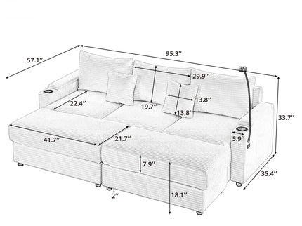 Modern Style Loveseat Sofa Sectional Sofa Couch With Storage Space, A Movable Ottoman, Two USB Ports, Two Cup Holders, A Phone Holder For Living Room