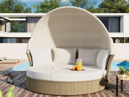 Outdoor Patio Daybed Wicker Rattan Double Daybed Round Sofa Furniture Set With Retractable Canopy, 4 Pillows For Lawn Garden
