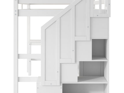 Loft Bed & L Shaped Desk, Drawers, Cabinet, And Storage Staircase