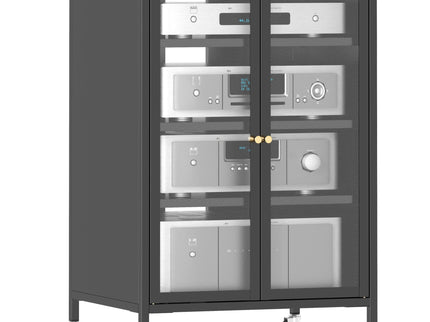 Media Storage Cabinet With Wheels, 4 Adjustable Glass Shelves & Door, Heavy-Duty - Black