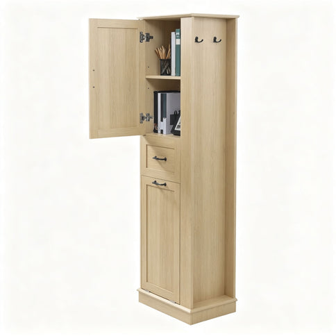 Tall Storage Cabinet With Tilt Out Compartment, Adjustable Shelves, Soft Close Hinges - Natural