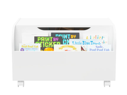 Toy Box With 4 Universal Wheels, Kids Playroom Storage Organizer With Front Bookshelf, Flip Top Lid, Safety Hinge - White