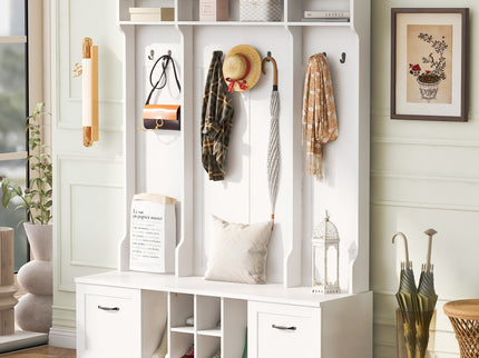 5 In 1 Entryway Bench With Coat Rack, 7 Sturdy Hooks, 2 Spacious Drawers And Adjustable Shelves