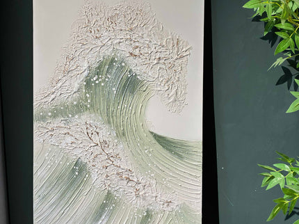Ocean Wave Wall Art, Textured Canvas Painting With Accents (Set of 2) - Sage Green+Gold