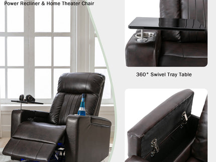 Power Recliner With Storage Arms, Cupholders, Swivel Tray Table And Cell Phone Stand - Brown