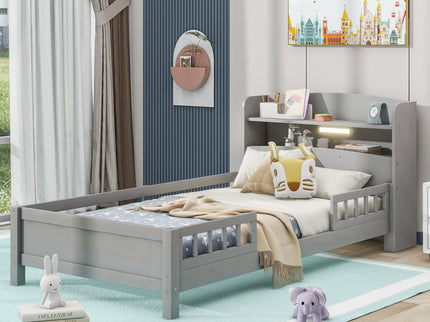 Wood Platform Bed With Built In LED Light, Storage Headboard And Guardrail