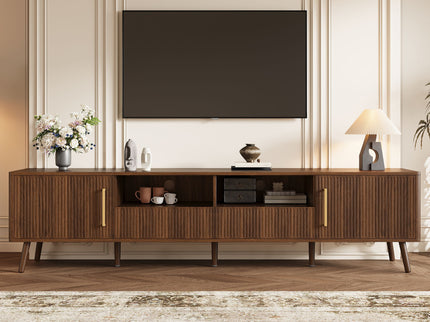 78" TV Stand For 85" TVs With Fluted Doors, Open Shelf, Cable Management - Walnut
