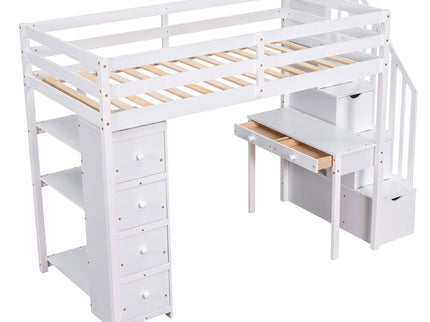Loft Bed With Storage Drawers, Desk And Stairs With Shelves