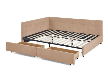 Mid-Century Storage Upholstered Tufted Bed Frame With Backrest And Armrests