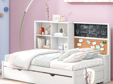 Twin Size Daybed With Storage Shelvesboard, Cork Board, USB Ports And Trundle - White