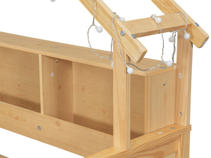 House Style Platform Bed With LED Lights, Storage Shelves, Drawers, And Guardrail