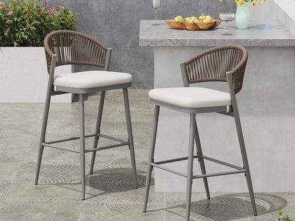 Outdoor Bar Height Metal Frame Counter Stools With Scallop Shaped Backrest & Water Resistant Cushions