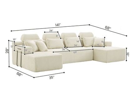 Sectional Sleeper Sofa & Storage Pockets, Modular Couch With Throw Pillows For Living Room