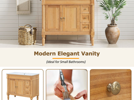 Modern Bathroom Vanity With Ceramic Sink, Soft Close Doors, Adjustable Shelves