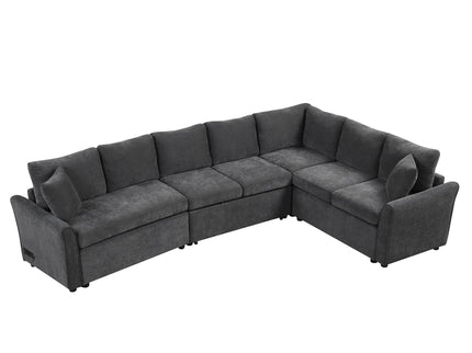 L-Shaped Sofa Convertible Sofa Bed Pull Out Sofa Sleeper With Two Back Pillows, Two USB Ports And Two Power Sockets For Living Room