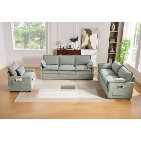 Modern Sofa Set With Double Layer Cushion And Side Storage Pockets
