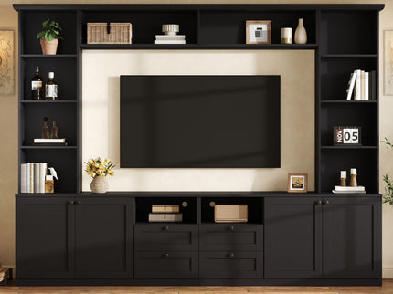 Farmhouse Elegant Entertainment Center Wall Unit With 4 Drawers