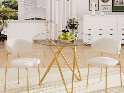 Modern Round Tempered Glass Dining Table With Sturdy Metal Legs For 1 - 4 People - Gold