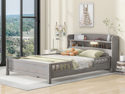 Wood Platform Bed With Built In LED Light, Storage Headboard And Guardrail