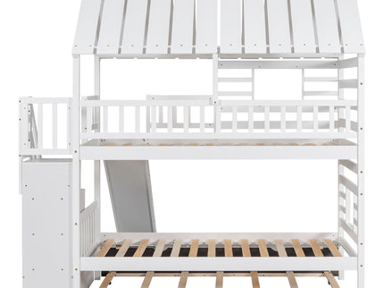 House Bunk Bed With Trundle, Storage Staircase, Roof And Window Design
