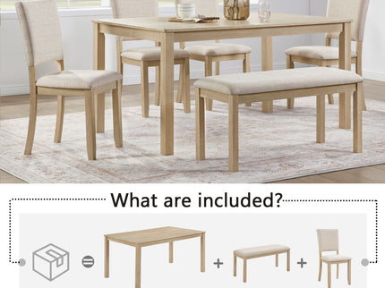 6 Piece Dining Table Set With Bench - Beige / Light Oak