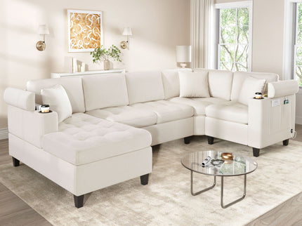 U Shaped Sectional Sofa, Corner Living Room Couch With Built In Cup Holders, Storage, USB Ports