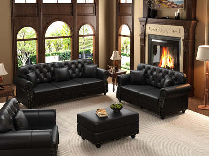 Upholstered Sofa With Nailhead Trim, Rolled Armrests With Ottoman