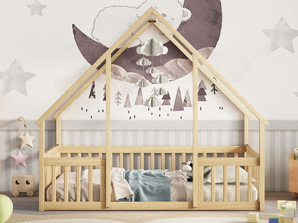 Wood House-Shaped Floor Bed With Fence, Guardrails